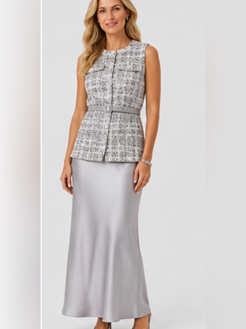 WHITE HOUSE BLACK MARKET WHBM SILVER TWEED VEST & SATIN MAXI SKIRT DRESS SZ 0